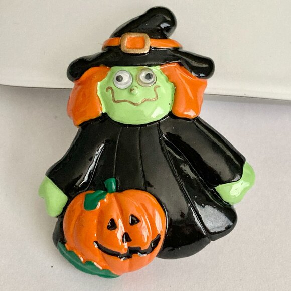 Vintage Halloween Witch Pin Brooch Pumpkin Witches Hat Black Orange Green Resin - Picture 2 of 7